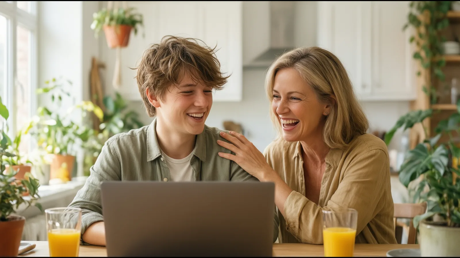 Un lycéen et sa mère, souriants, regardent un ordinateur à la table de la cuisine