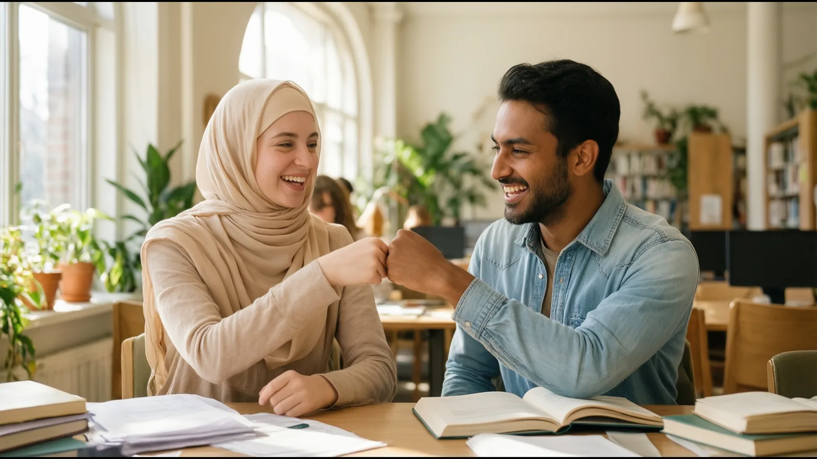 Une étudiante et un étudiant se félicitent en révisant leurs concours dans une bibliothèque